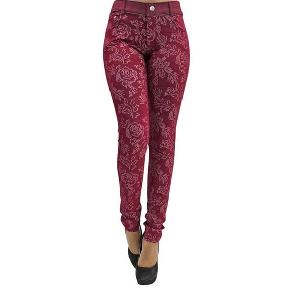 Red Floral Stretch Jeggings With Pockets Size Small/Medium