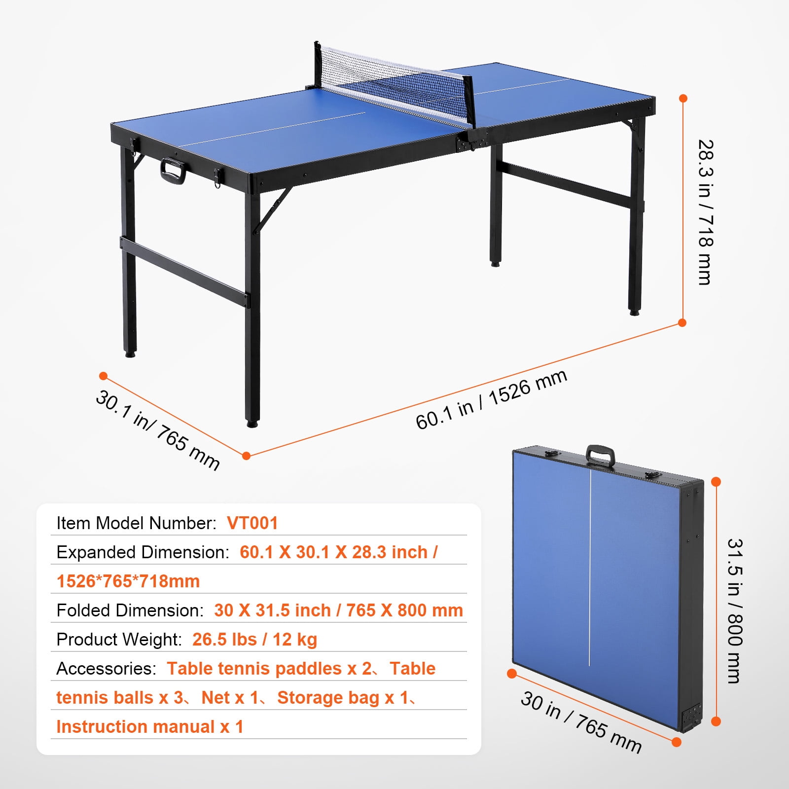 KFFKFF Table Tennis Set, Compact Indoor Ping Pong Equipment, MDF Foldable Table, Includes Net, 2 Rackets, 3 Balls, Travel Bag with Handle, Ready to Use - No Installation Needed