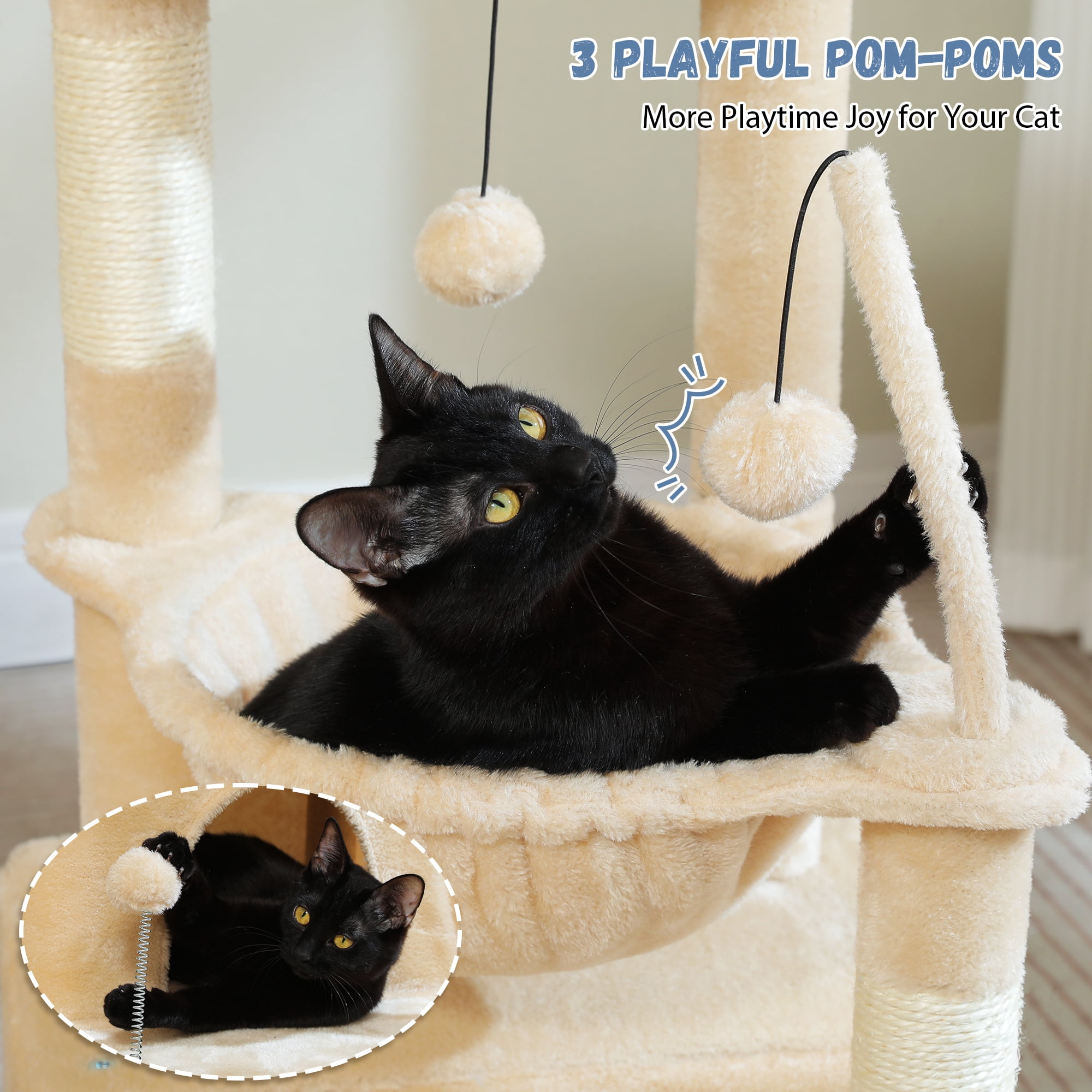 PAWZ Road Cat Tree 33" Cat Scratching Posts Tower with Large Top Perch and Hammock for Medium Indoor Cats, Beige