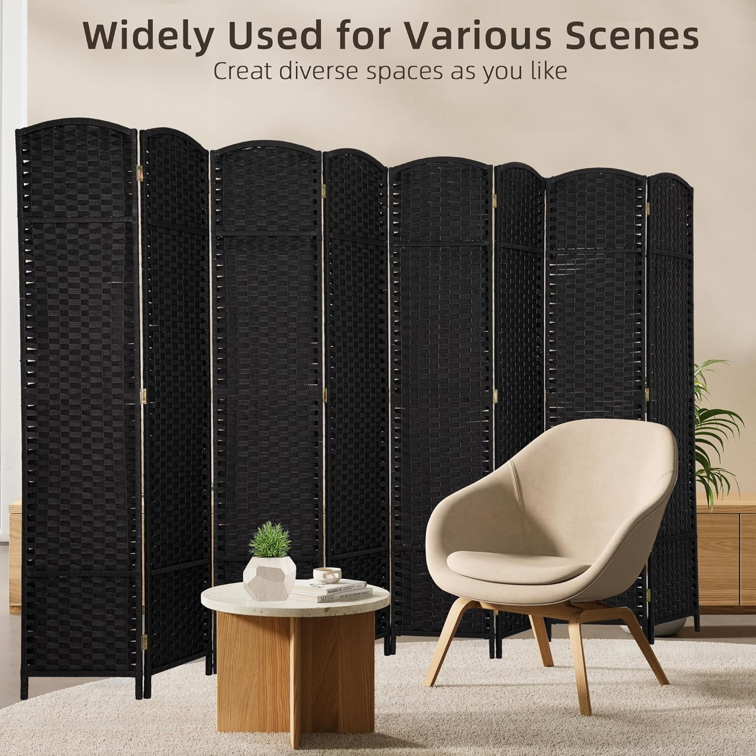CL.HPAHKL 8 Panel Room Divider, Folding Privacy Screen 5.57 FT Tall Portable Wooden Wall Divider, Black