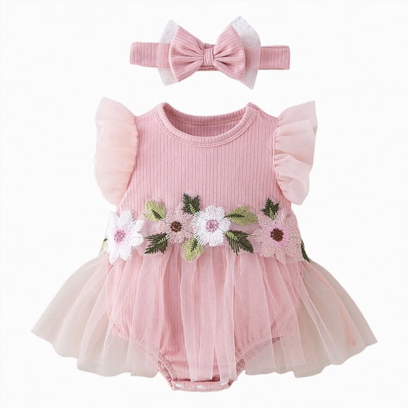 gdxvjhbj Newborn Baby Girl Clothes Summer Baby Girl Summer Clothes Ruffles Ribbed Knit Romper Dress Jumpsuit Bodysuit with Headband Cute Newborn Outfit Set 0 3 6 9 12 18 24 Months (Pink,6-9 Months)