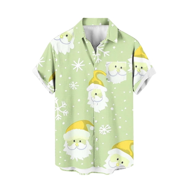 Mens Manga Corta Botón Abajo Camisas, Navidad Impreso Turndown Cuello Blusa, Top de Moda Casual