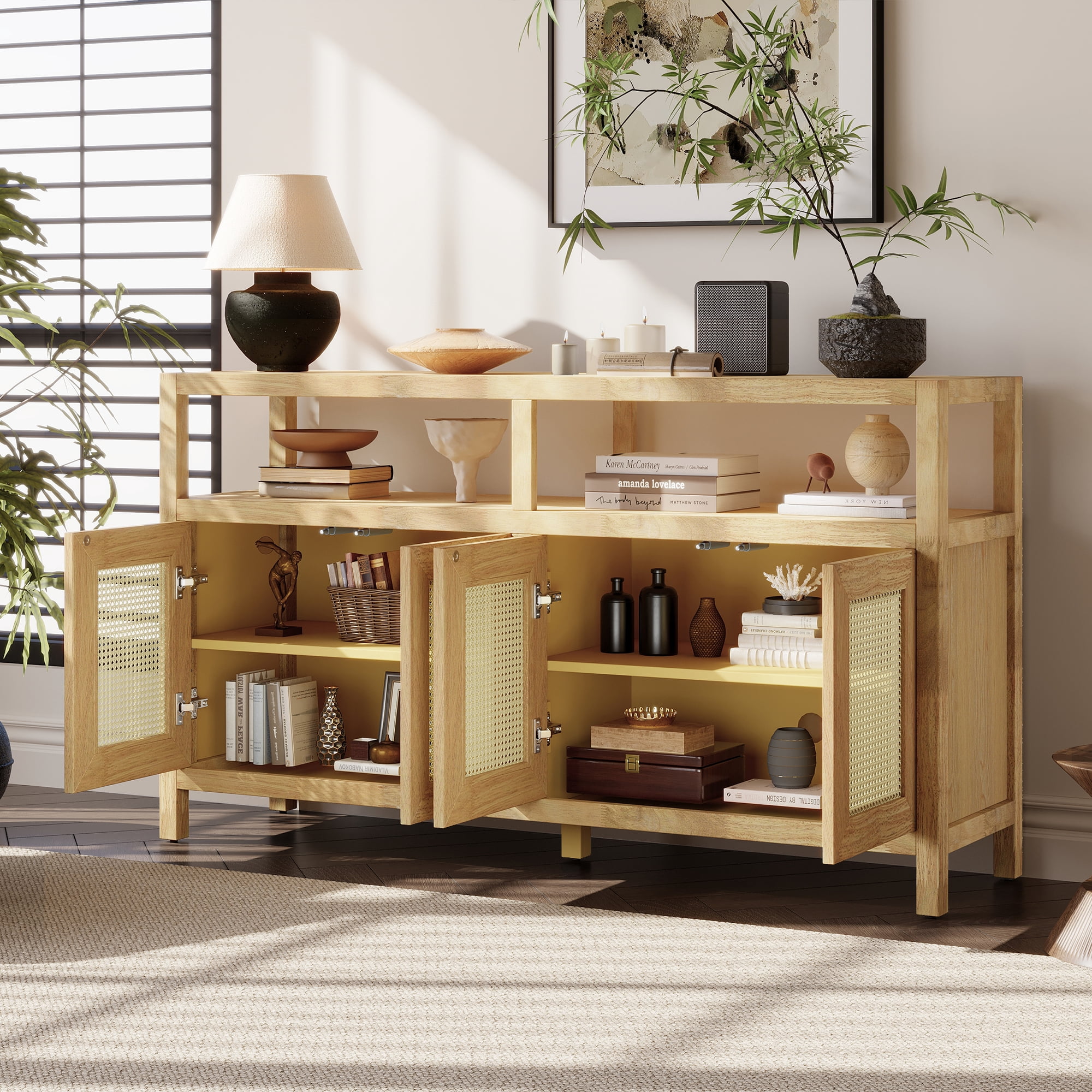 Aukfa Rattan Buffet Storage Cabinet,TV Cabinet for Living Dining Rooms,Bohemian Style,Natural