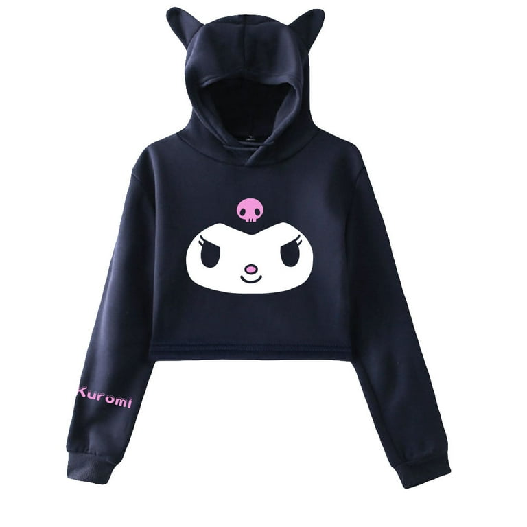 DFJDSMOZ Kuromi Anime Crop Hoodie, Cat Ear Sweatshirt, Onegai My