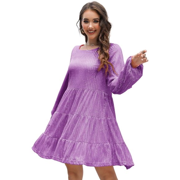 ly Robe Paillettes, Sequin Robe d'Été Robe Courte Floconneuse à Plusieurs Niveaux Robe de Tunique pour les Femmes Parti Club Nuit Violet-2 Grand