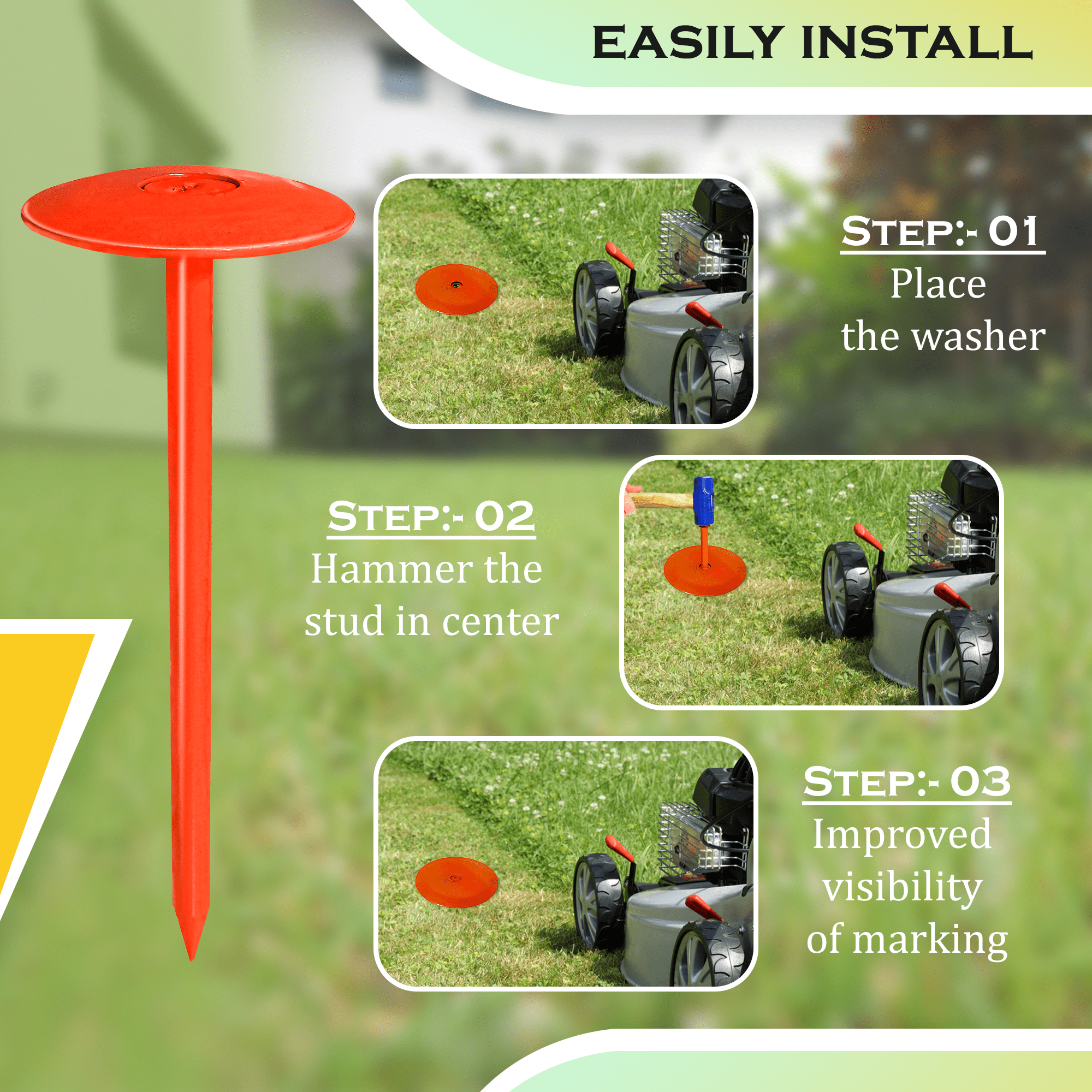 FEBTECH - Septic Tank Marker - 3.5" x 7" - Suitable Property line Markers for Protecting Your Septic Tank and Property Boundary with Solid and Sturdy Septic Tank Marker - Pack of 4 Pcs + 1 Pc Hammer