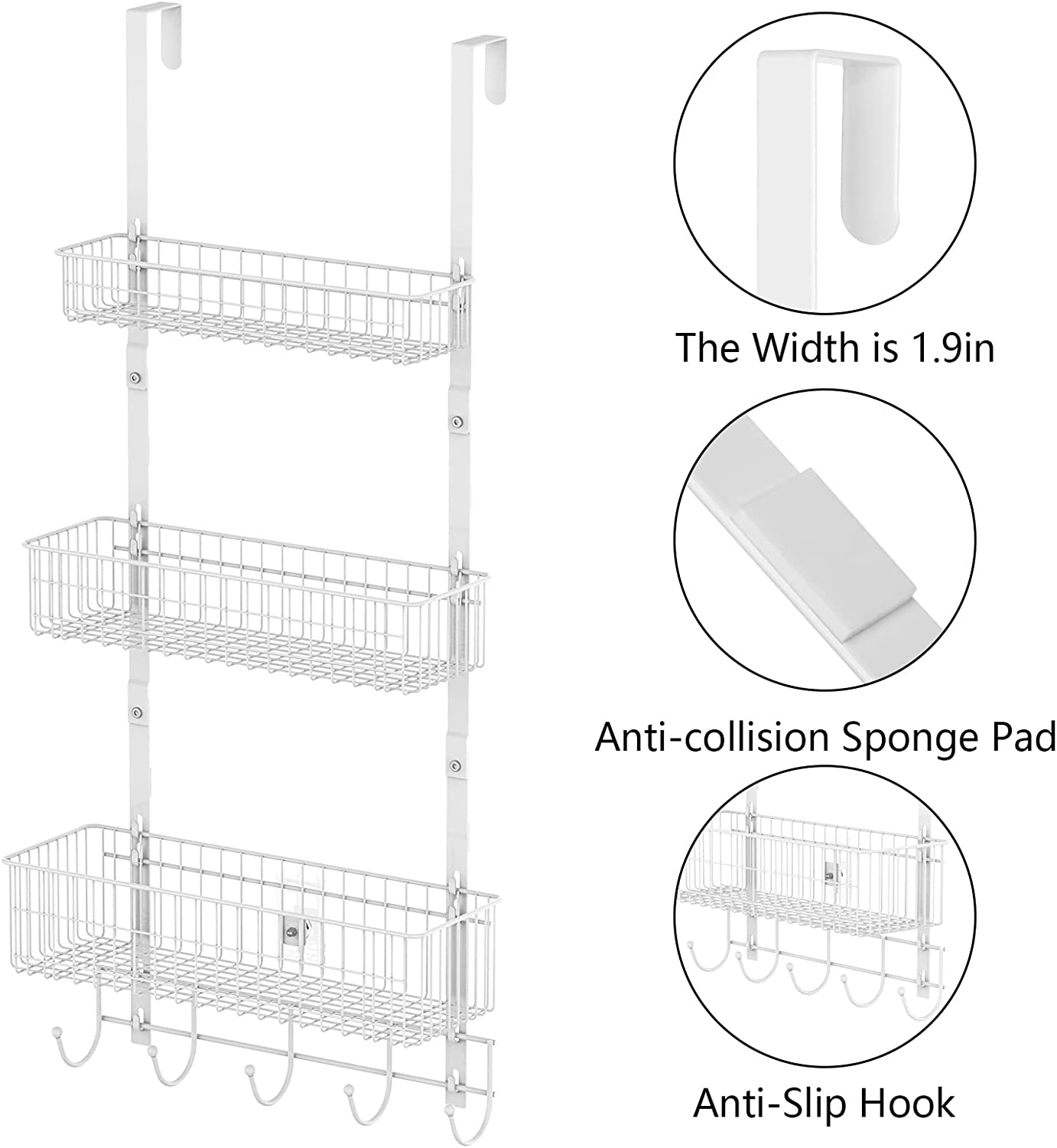 Over The Door Hanging Organizer Rack with 3 Mesh Baskets 5 Hooks, White