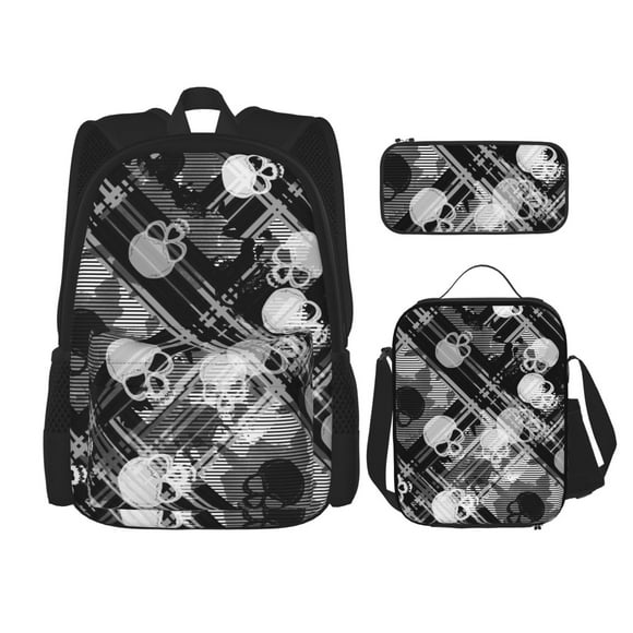 Disketp Seamless Pattern With Skulls Mochila Estampada de Gran Capacidad con Lonchera y Estuche, Set de 3 Piezas para Estudiantes