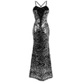 thumbnail image 6 of Angel-fashions Women's Spaghetti Strap Leopard Evening Dress Vintage Sequin Sleeveless V Neck Open Back Lace Up Bodycon Cocktail Evening Party Prom Gown Mermaid Maxi Long Cami Dresses Large Silver, 6 of 7