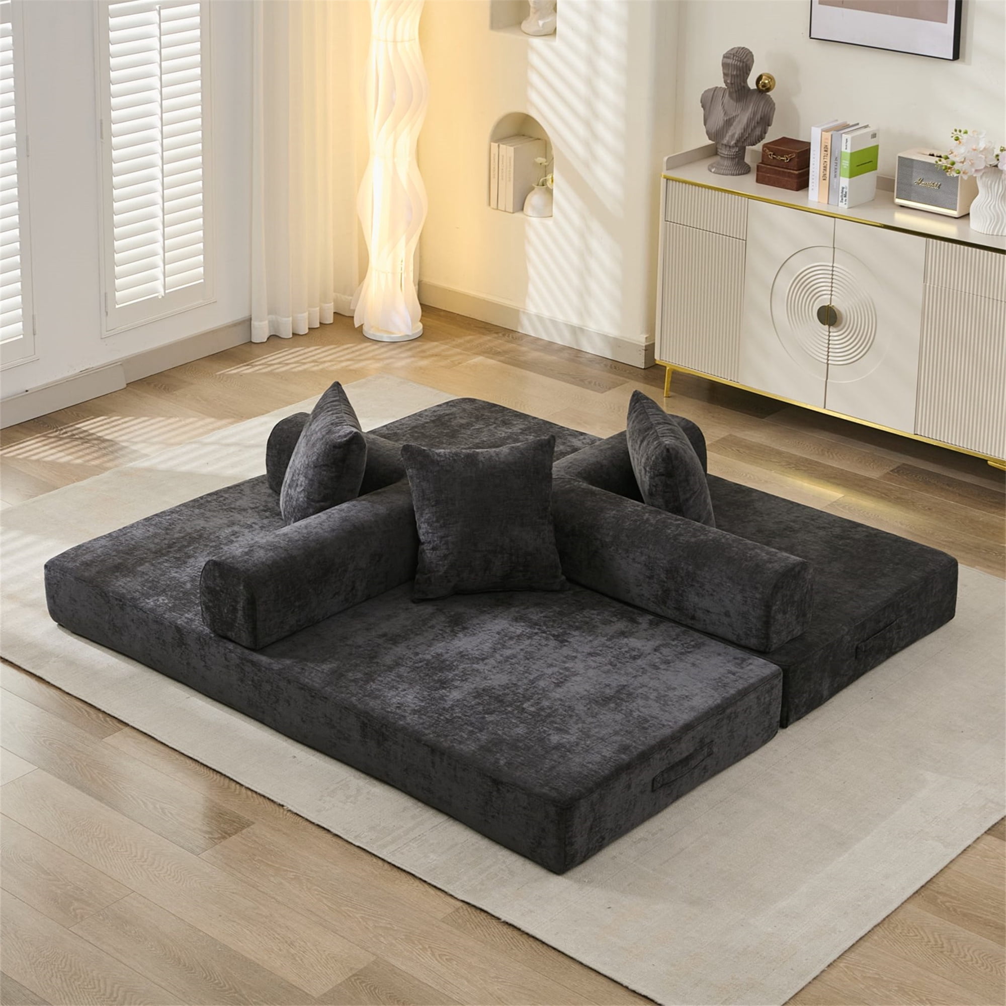 Aukfa Convertible Sleeper Sofa Bed King Floor Futon Couch for Living Room Bedroom, Chenille, Black