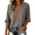 thumbnail image 2 of Womens Sweatshirt 3/4 Sleeve Vintage V Neck Pullover Broom Witch Moon Theme Graphic Top Relaxed Casual Fall Halloween Festival Events Top Gray M, 2 of 5
