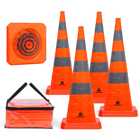 RoadHero 36 Inch 4 Pack Collapsible Traffic Safety Cones, Multi Purpose Pop-up Cones with Reflective Collar for Road Safety, Orange Cones for Driving