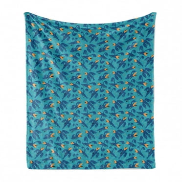 Bird Soft Flannel Fleece Throw Blanket, Pattern of Surreal Whimsical Flying Animals in Cartoon Design, Cozy Plush for Indoor and Outdoor Use, 60" x 80", Sea Blue Pale Orange, by Ambesonne