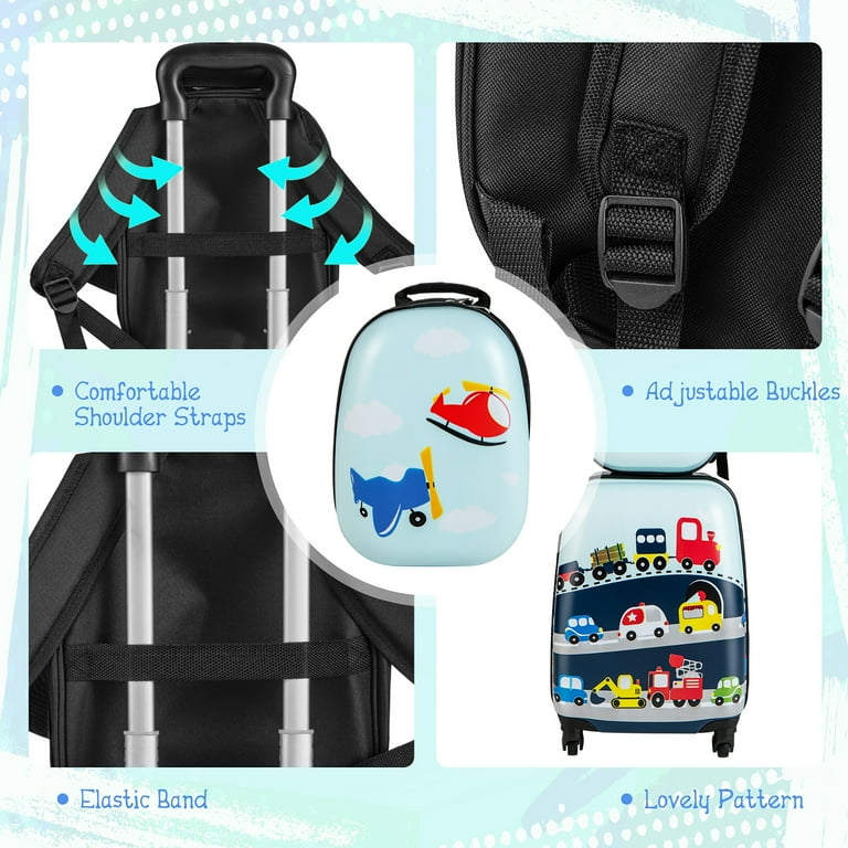 COSTWAY 2-delige kinderbagage, hard shell handbagage set met 12-inch rugzak en 16-inch koffer, kinderkoffer met wielen, schattige cartoon-patroon reiskoffer voor jongens en meisjes (12 16, Zwart