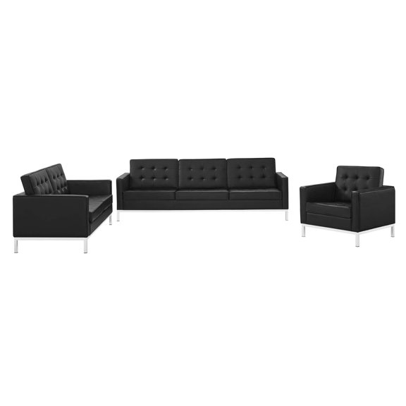 Tufted Armchair and Loveseat Sofa Set, Faux Leather, Silver Black, Modern Contemporary Urban Design, Living Lounge Room Hotel Lobby Hospitality