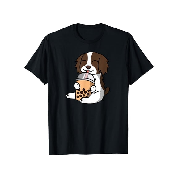 Casual Graphic Tee,Tops Has Springer Spaniel Dog Drinking Milk Tea Pattern,Round Neck Regular Fit T-shirts, Size(S-5XL)