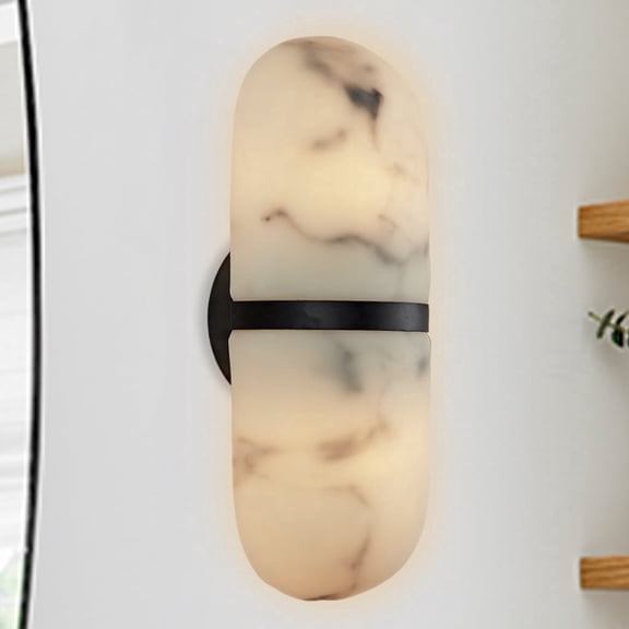 Faux Alabaster Wall Lamp for Bedroom, Metal Hardwire Sconce, Exterior Wall Light, E12 BulbsBlack）