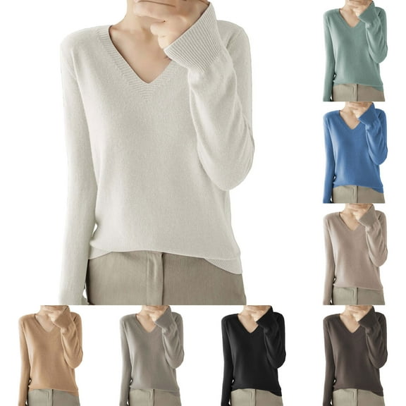 larppty Women's V Neck Casual Sweater,Lightweight Long Sleeve Pullover Sweater Classic Fall Thin Sweater Top Elegant Clothing Blue, L