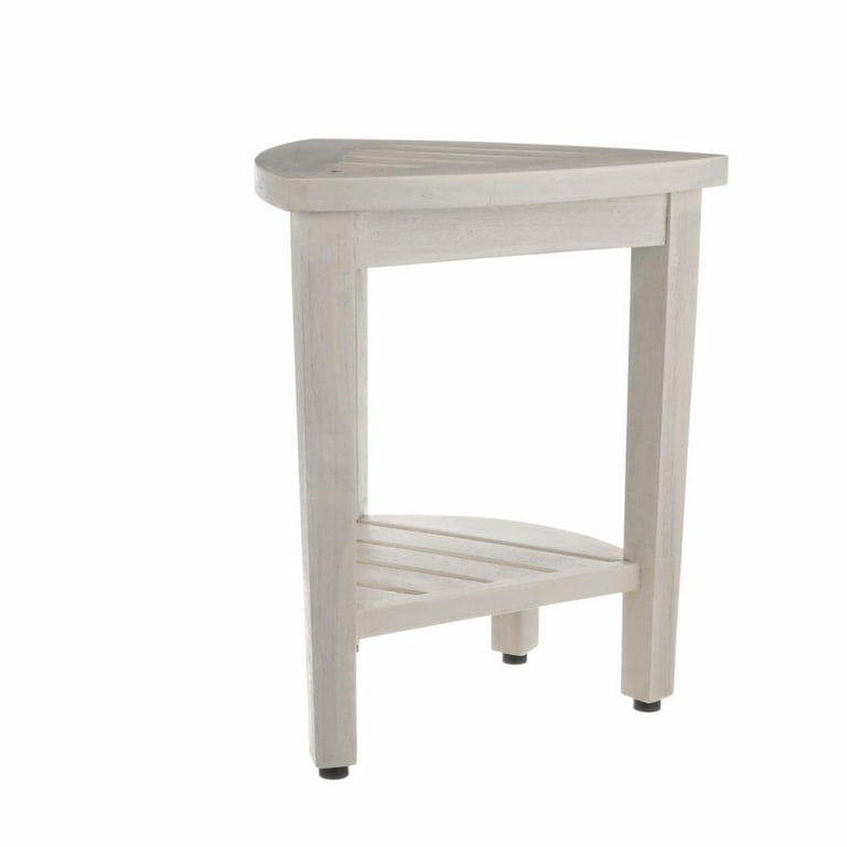 Compact Teak Corner Shower Stool with Shelf in Whitewash Finish Compact Teak Corner Shower Stool with Shelf in Whitewash Finish