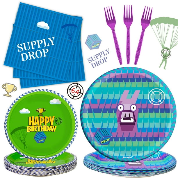 Juego de artículos de mesa para fiestas, 64 piezas, videojuegos, tema de llama