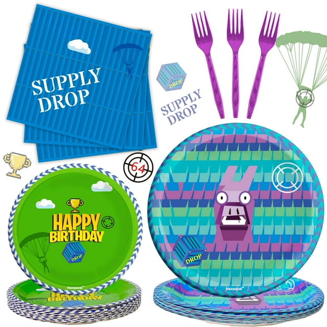 Juego de artículos de mesa para fiestas, 64 piezas, videojuegos, tema de llama