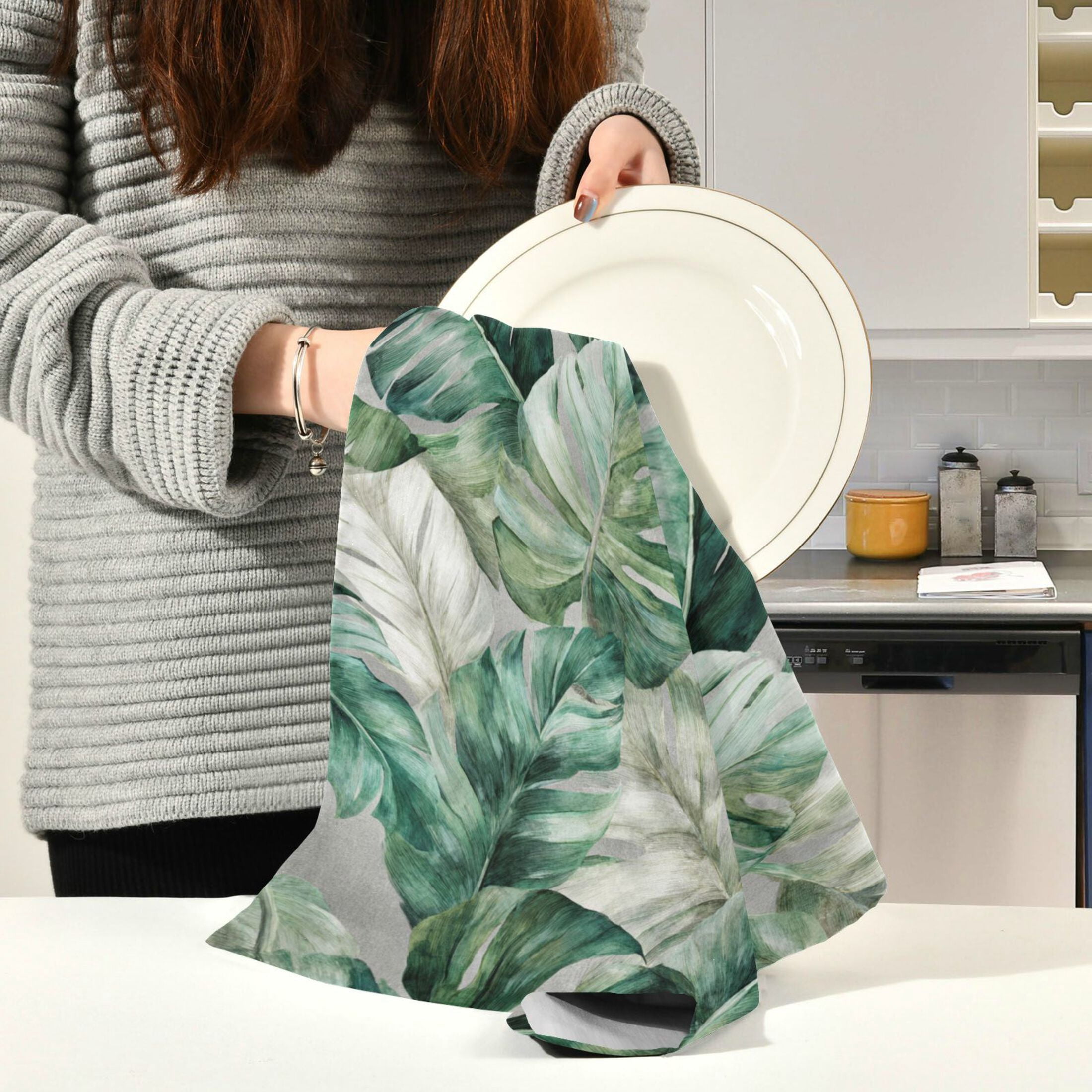 Qxltty Tropical Leaves Kitchen Towels 28 x 18 Inch Set of 6 Soft Cotton Linen Feel Dish Towels with Hanging Loop for Drying, Cleaning & Decor
