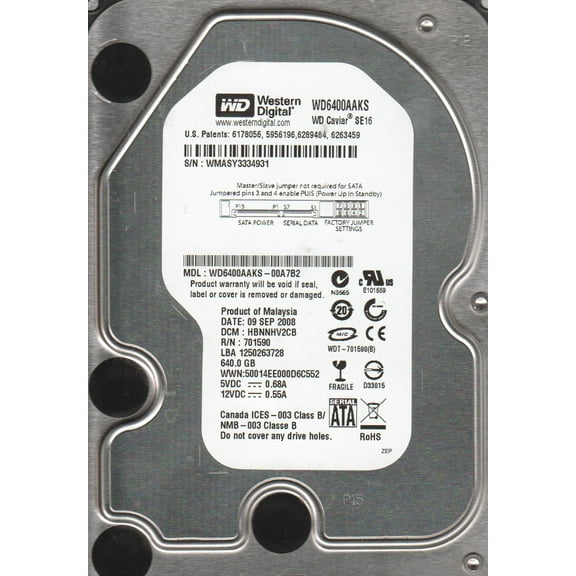WD6400AAKS-00A7B2, DCM HBNNHV2CB, Western Digital 640GB SATA 3.5 Hard Drive