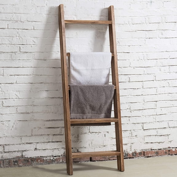 MyGift Rustic Wall-Leaning Dark Brown Wood Towel Rack
