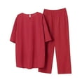 thumbnail image 2 of Puntoco Tops de cuello redondo de manga corta de verano para mujer + traje de pantalones largos con cintura elástica conjunto de dos piezas liquidación Puntoco Puntoco-2082, 2 of 6