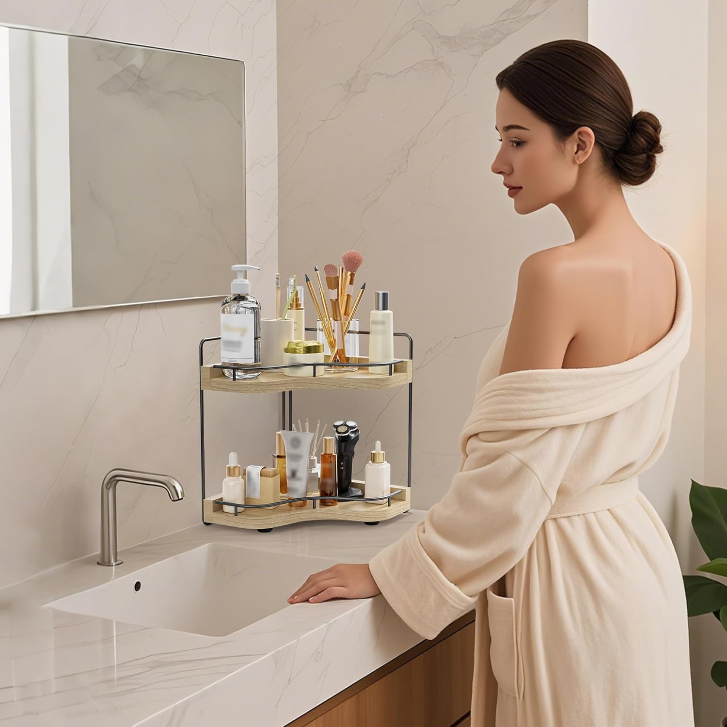 JDNRXO 2-Tier Corner Bathroom Counter Organizer with Embedded Screw Holes, Secure & Stable Wood Vanity Shelf for Makeup and Skincare Essentials - Space Saving Bathroom Organization  Storage