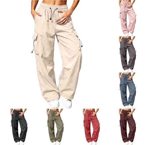 XIAONU Solid Cargo Pants for Womens Elastic Drawstring Waist Toggle Side Pockets Long Trousers