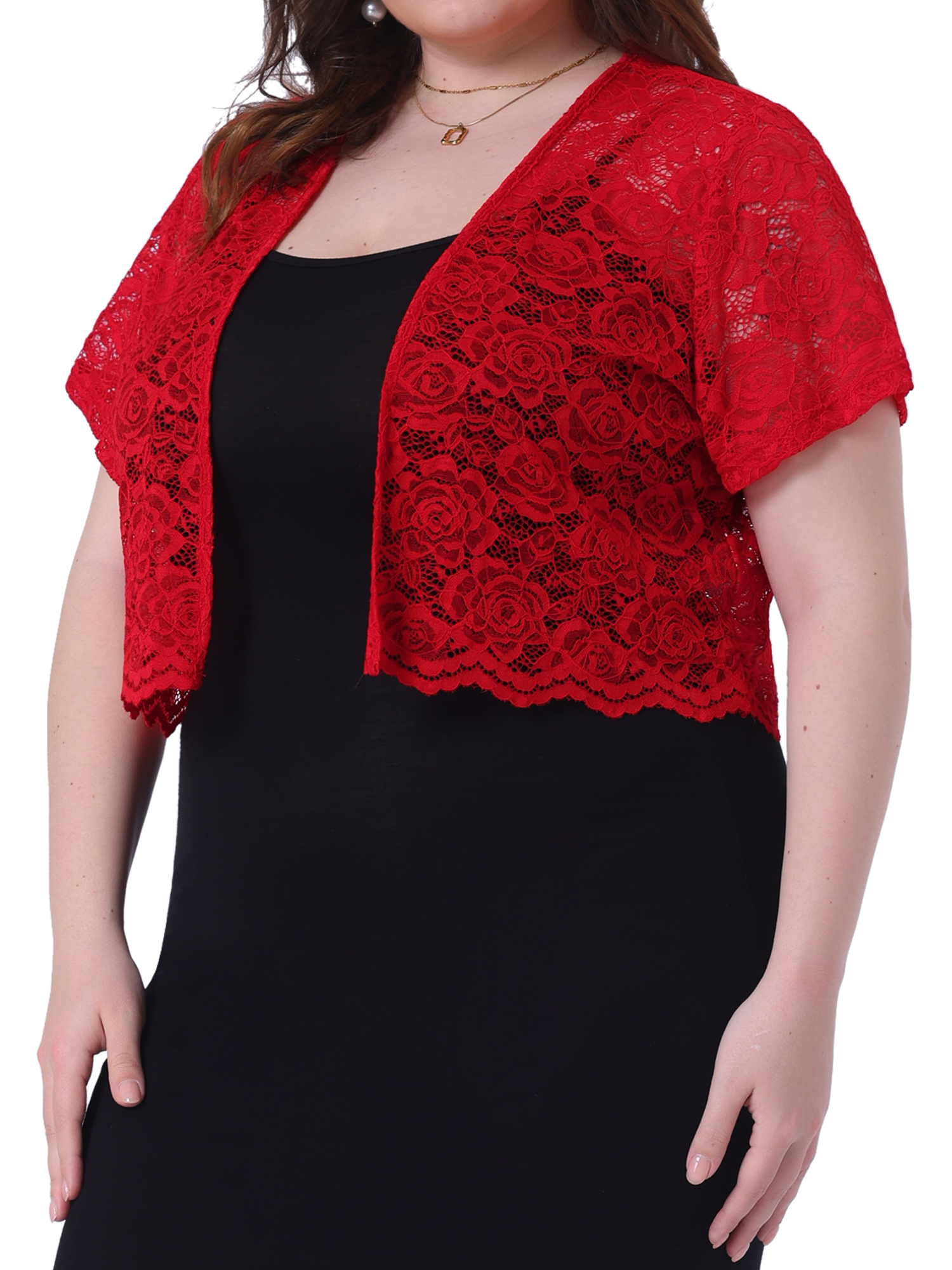 DARING DIVA Plus Size Bolero Short Sleeve Lace Shrug Cardigan 1X Red