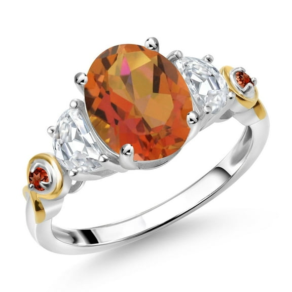 Gem Stone King 925 Silver and 10K Yellow Gold Oval Twilight Orange Mystic Quartz and Moissanite 3-Stone Ring for Women (2.33 Cttw, Gemstone Birthstone, Size 5)