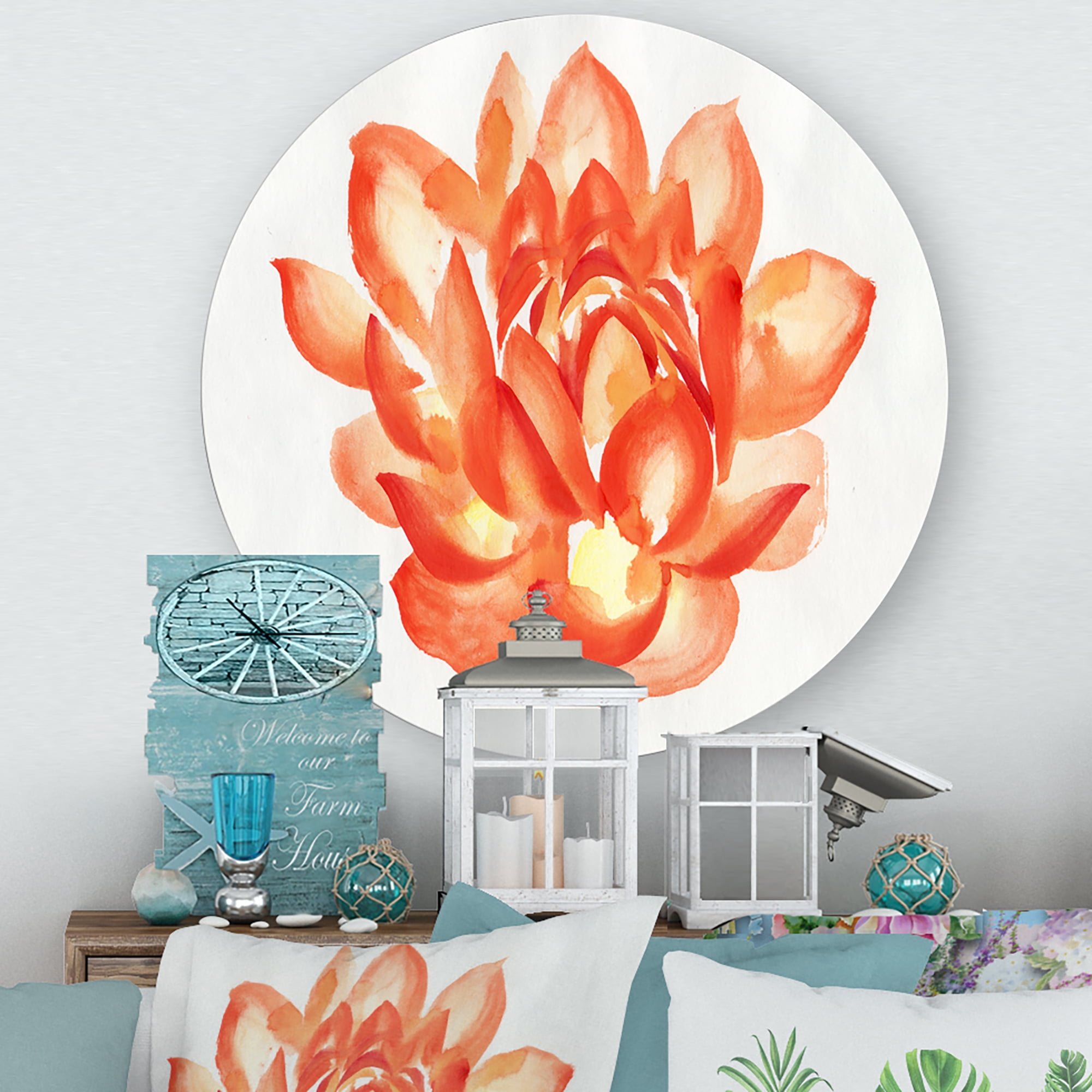 Designart 'Ancient Detail of A Orange Lotus' Traditional Circle Metal Wall Art 11x11 - Disc of 11