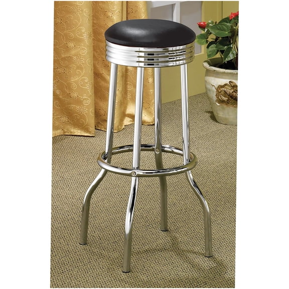 Set of 2 Modern Bar Height Stools, Black Faux Leather and Chrome Metal