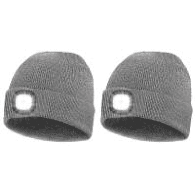 gorro con luz led recargable usb con 4 gorros regalos para papá gris Conjunto mostrado con gorros gris beanie (vista frontal, dos unidades visibles) con módulo LED cuadrado frontal encendido, tejido acrílico acanalado, ajuste para 56–58 cm, carga USB 5 V/200 mA, batería 200 mAh y tres niveles de brillo; adecuado para uso diario y actividades nocturnas.