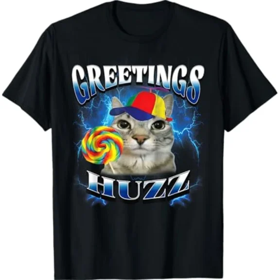 Greetings Huzz Funny Lollipop Cat Meme Animal Humor Graphic Art Unisex T-Shirt ,up to size 5XL