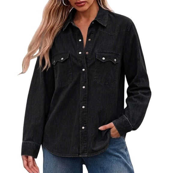Enjoytime Jean Jacket Women Collared Long Sleeve Button Down Shacket Trendy Lightweight Loose Casual Plus Size Clothes