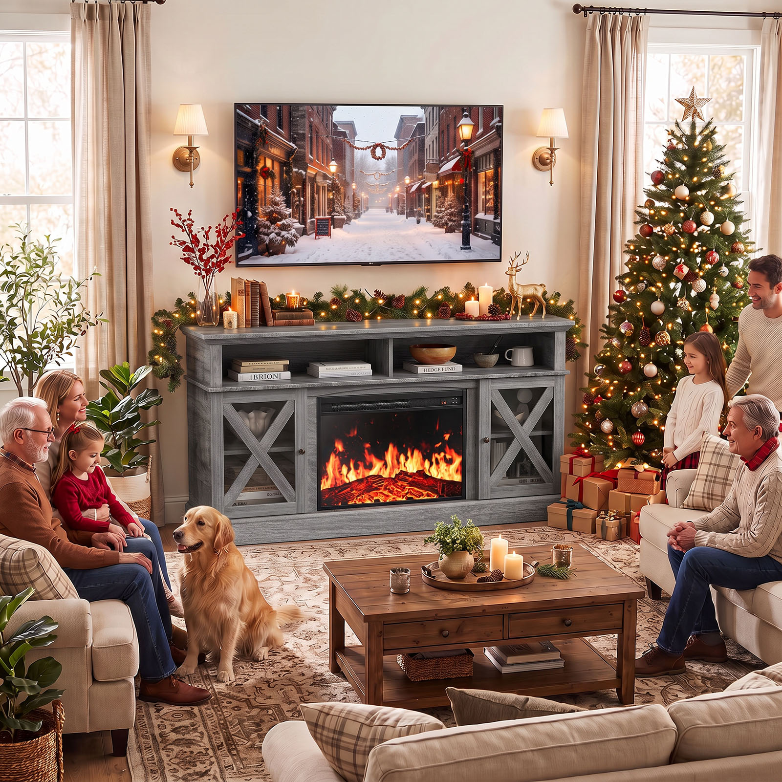 Chitooma 75" Farmhouse Electric Fireplace TV Stand, Gray photo 7