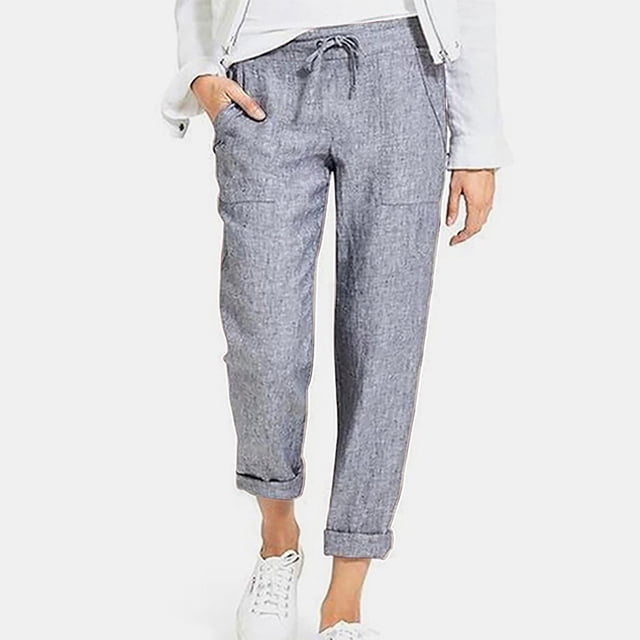 RKSTN women's pants in solid grey color, featuring a drawstring high waist, loose fit, and convenient side pockets. Made from a lightweight blend of 60% cotton and 40% linen, these workout pants are breathable and soft, ideal for daily wear, travel, lounging, or casual office attire. The straight fit and wide-leg design accommodate various body types.
