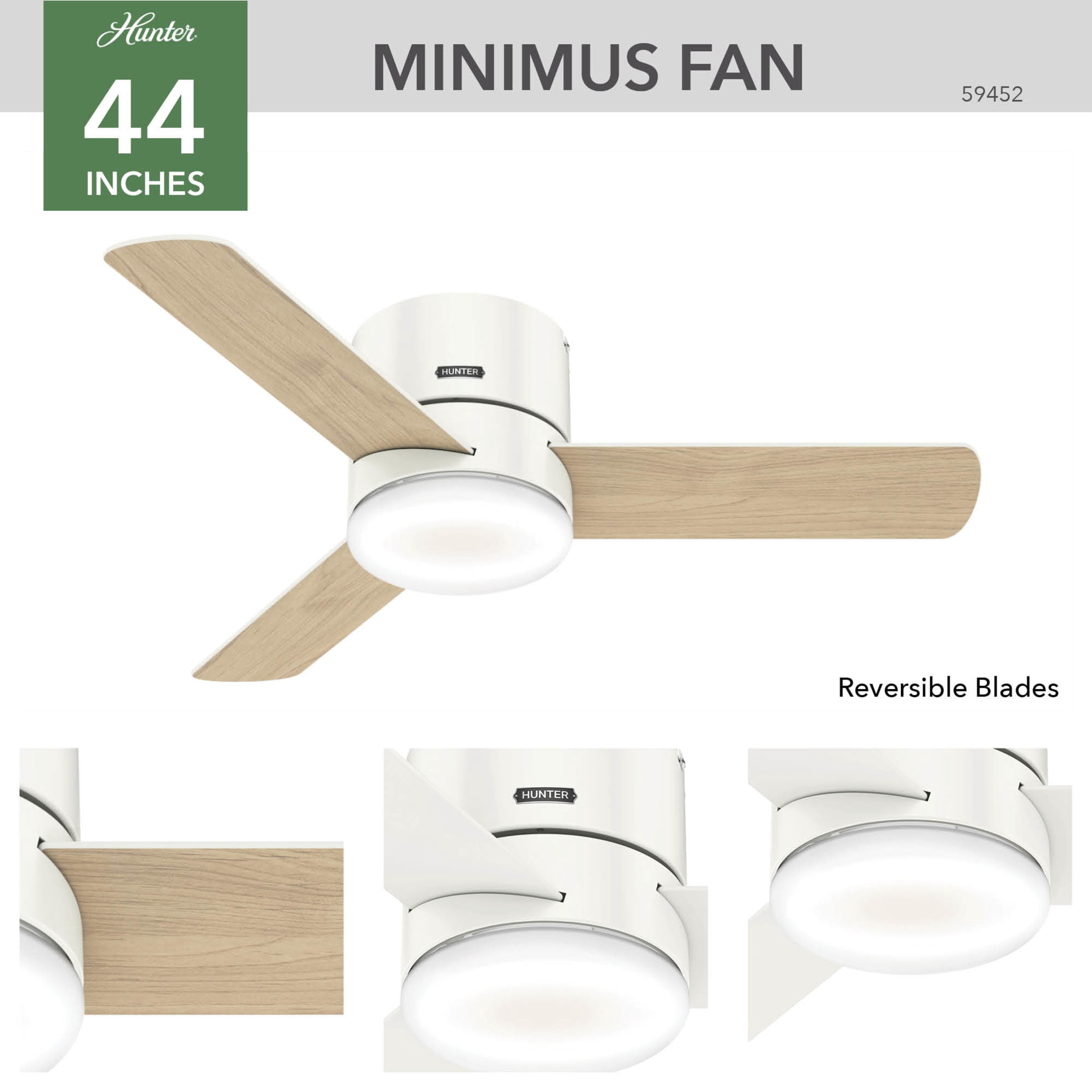 Hunter - Minimus Indoor Low Profile Ceiling Fan With Light, Remote, 44-inch, Fresh White, Casual-style, 3-speed WhisperWind Motor, 59452, for Living Rooms, Bedrooms