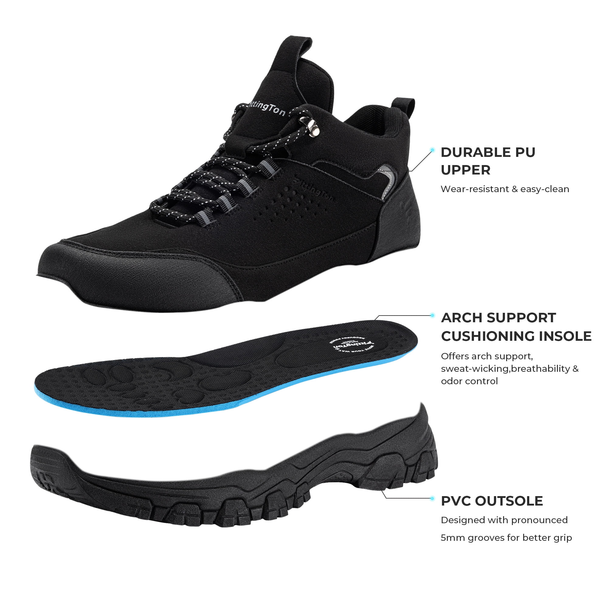 Fittington Men's Walking Hiking Shoes Outdoor Trekking Athletic shoes Arch Support | Reflective Safety Feature | Jet Black