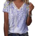 thumbnail image 2 of Camiseta de verano para mujer, camiseta holgada de manga corta con cuello en V y ribete de encaje, Top estampado floral para mujer, estampado D azul L, 2 of 6