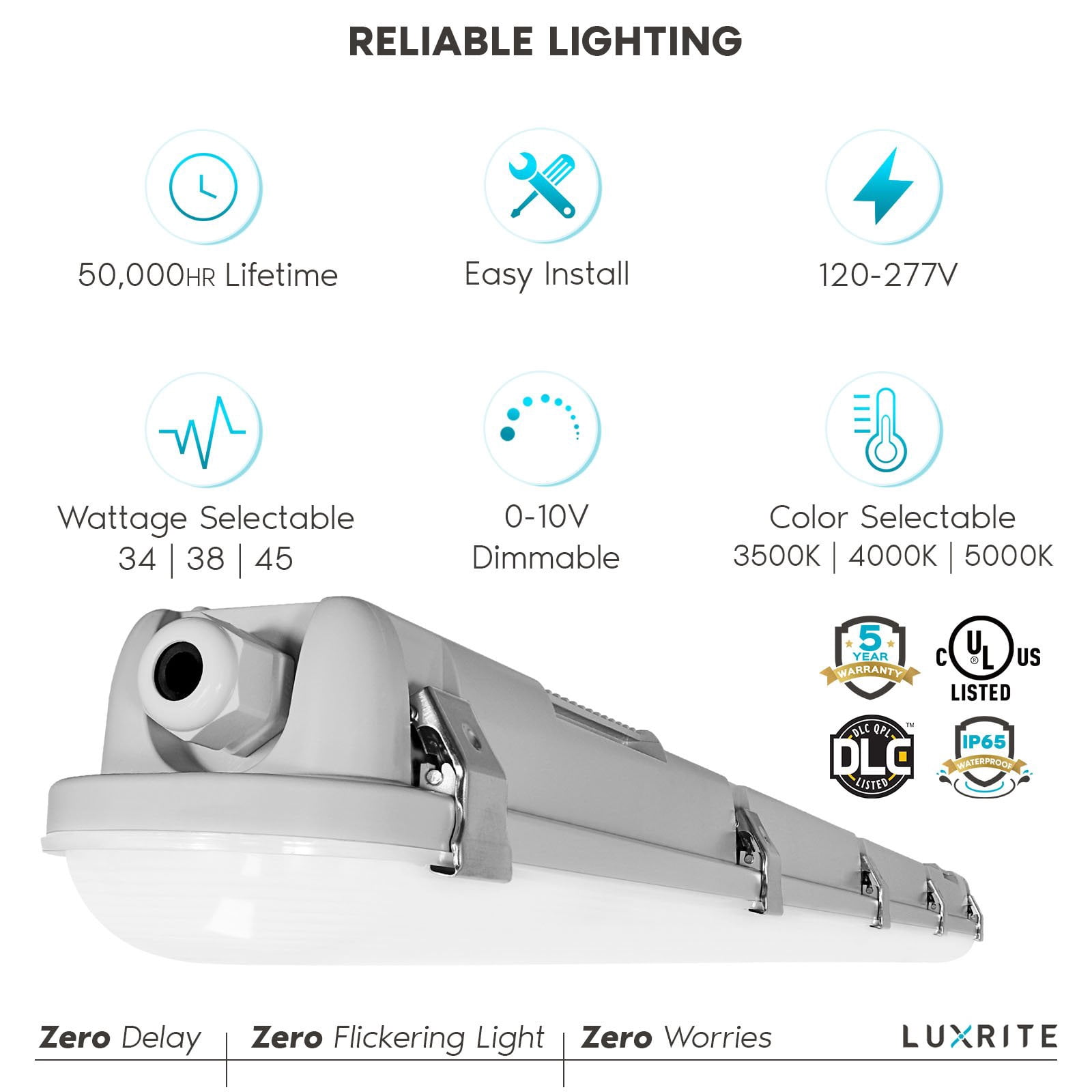 Luxrite 4FT Vapor Tight LED Light Fixture, 34/38/45W, 3 Color Options, 4658/5092/5895 Lumens, Dimmable, DLC UL Listed
