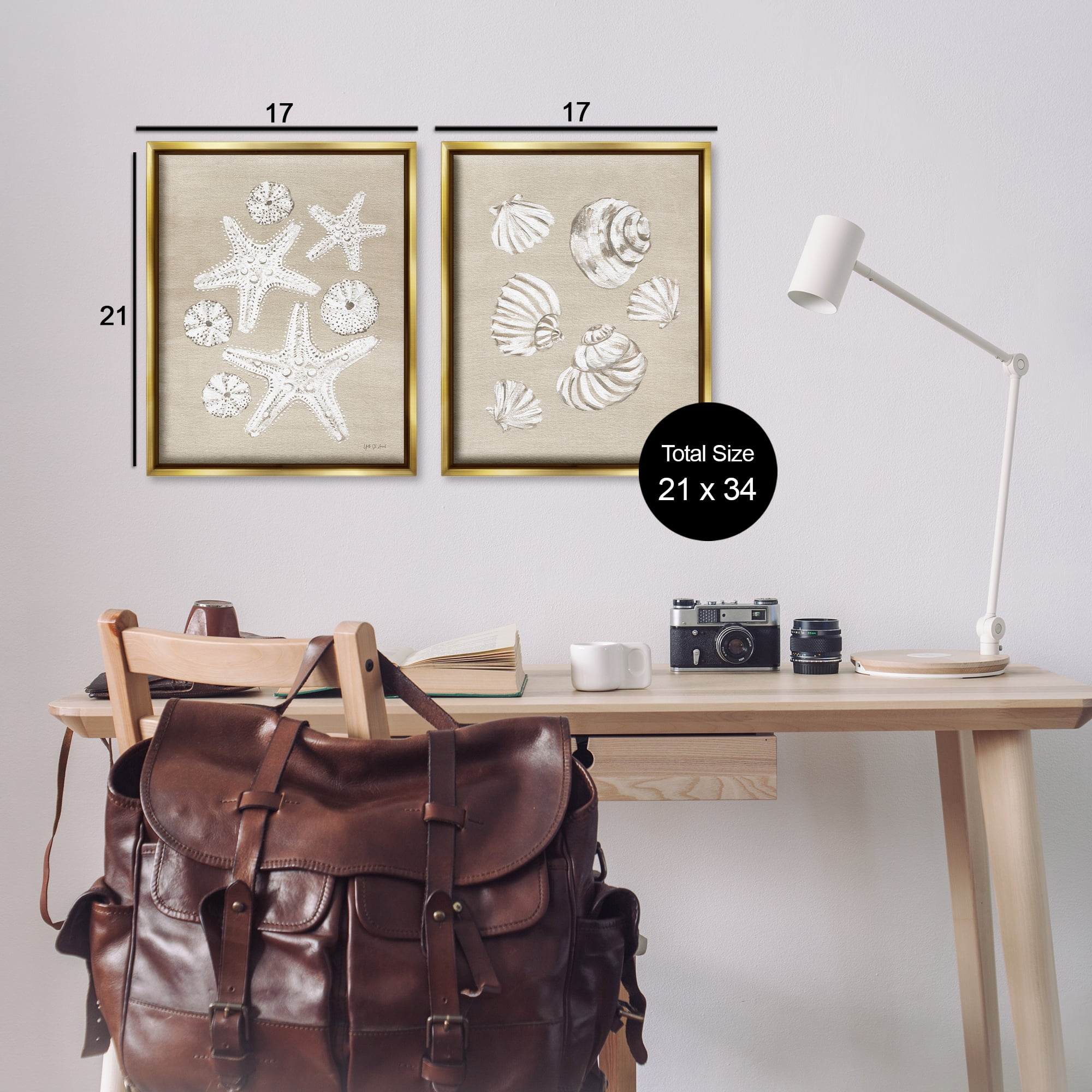 Stupell Industries Beach Treasure Starfish Shells Nautical & Beach Painting Gold Floater Framed Canvas Art Print Wall Art, 17 x 21, Set of 2