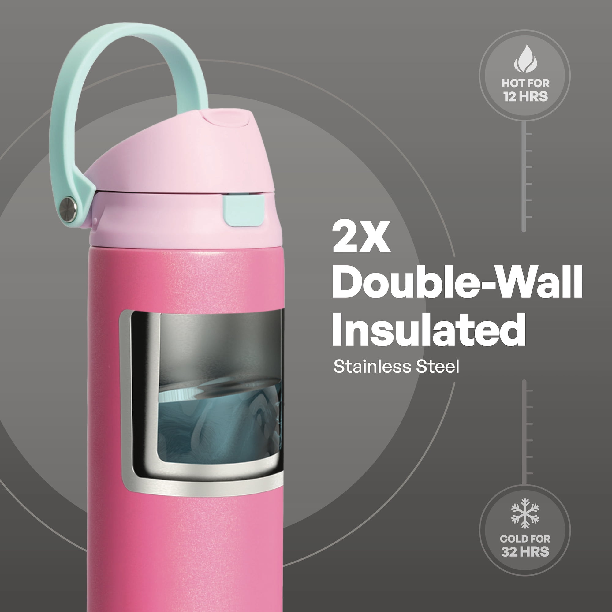 TAL 24oz Stainless Steel 2-in-1 Straw and Chug Water Bottle with Push Lid, Pink Shimmer