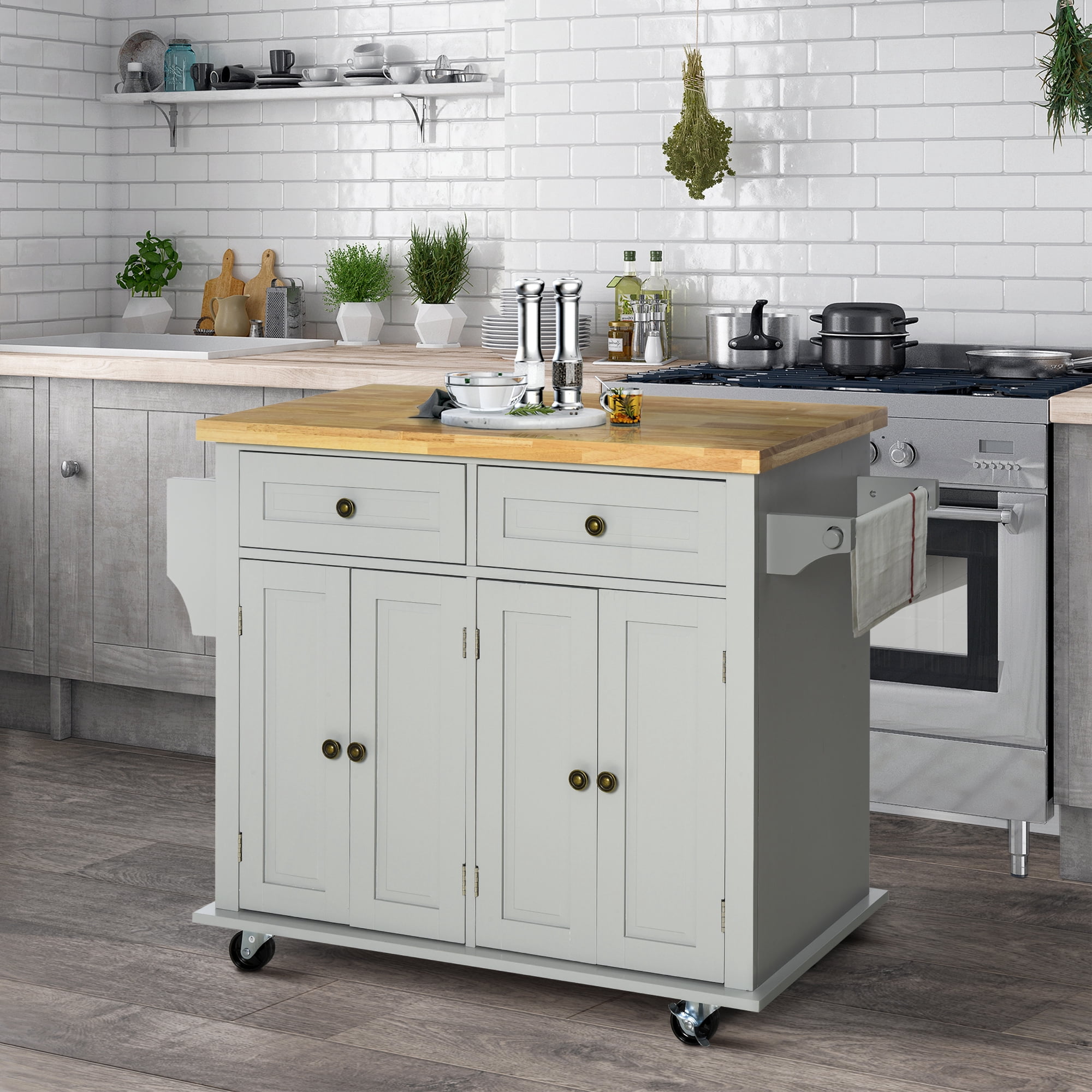 HOMCOM Kitchen Island on Wheels, Rolling Cart with Rubberwood Top, Spice Rack, Grey