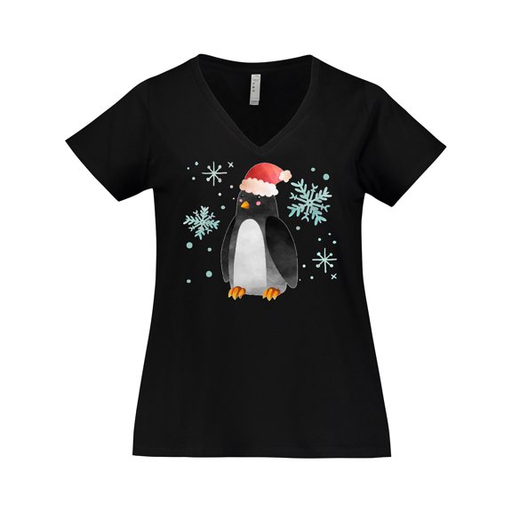 Inktastic Christmas Penguin in Red Santa Hat with Snowflakes Women's Plus Size V-Neck T-Shirt