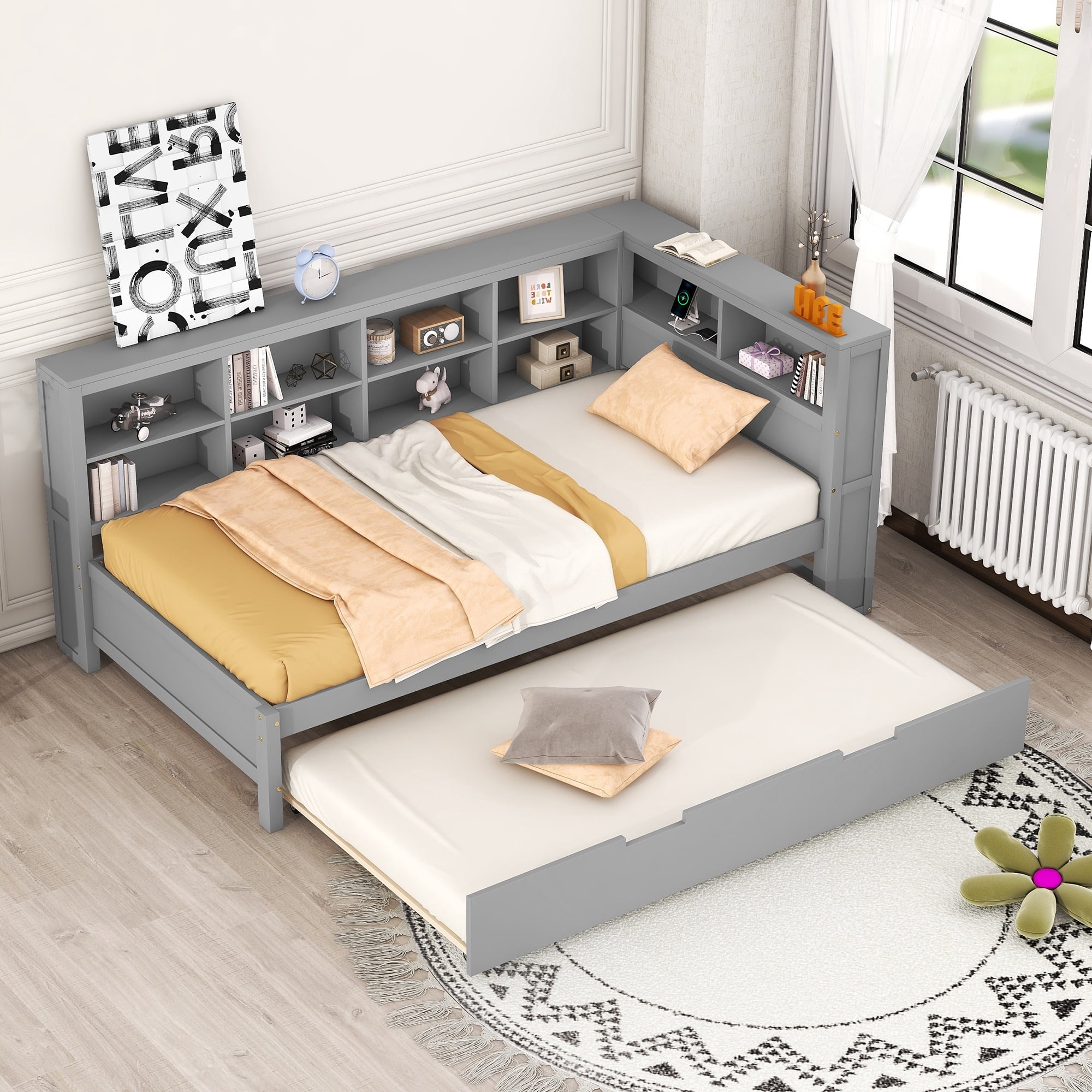 Mintazer Modern Twin Daybed Frame with Trundle, USB Charging Station & Storage Shelves for Bedroom, Grey