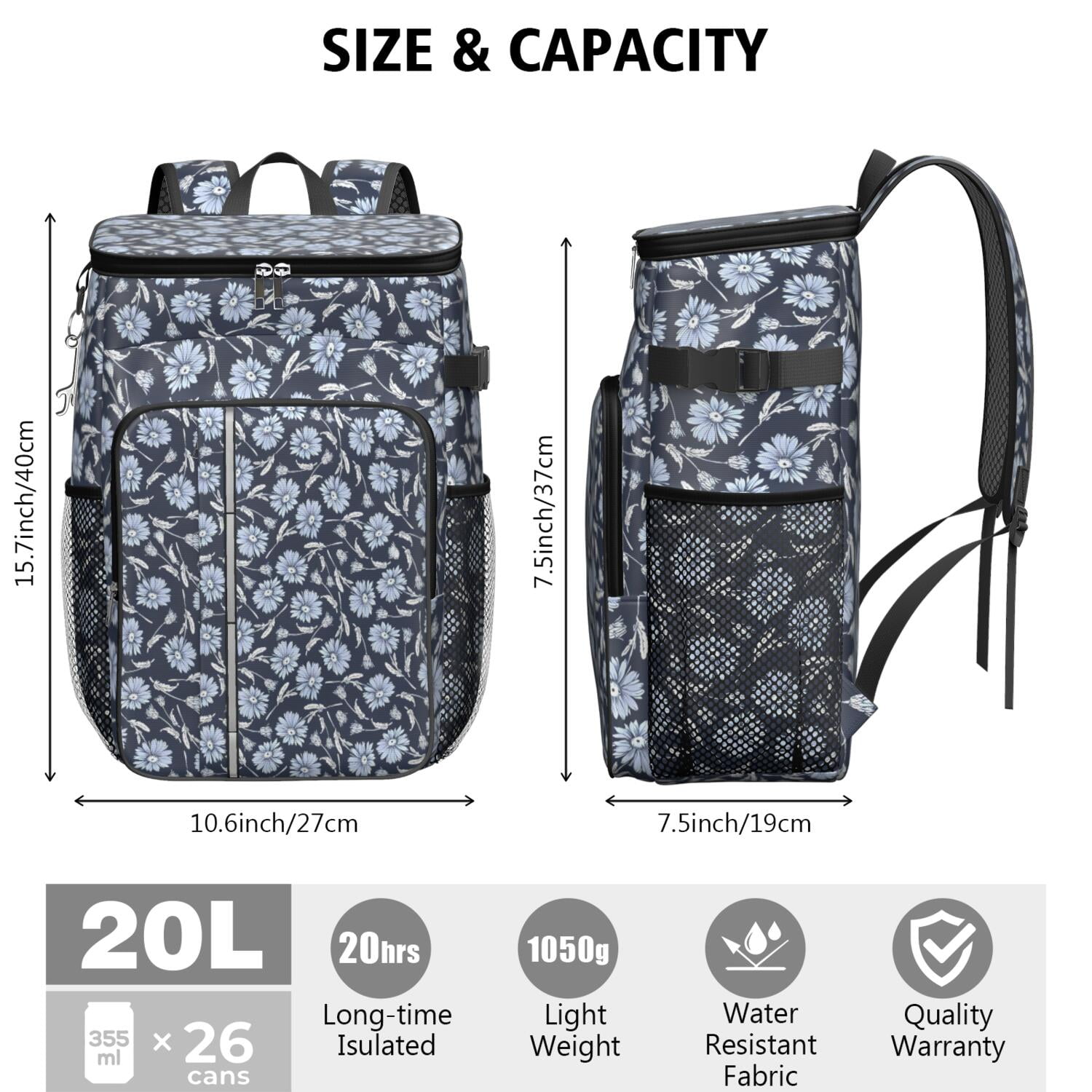 Travel Cooler Bag - Pioneer Flower Floral Print Pattern Camping Beer Cooler Backpack with Bottle Opener- Waterproof Insulated Picnic Backpacks - Cooler Bag for Beach